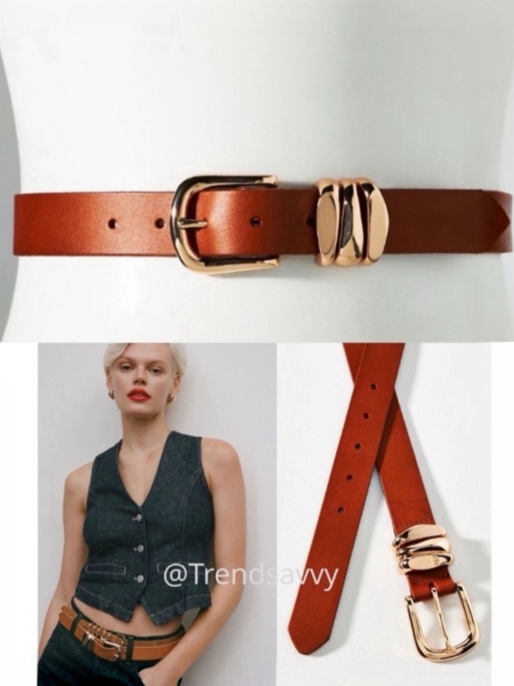 ANTHROPOLOGIE Structured Keeper Belt Brown Leather Gold Buckle Size M NWT